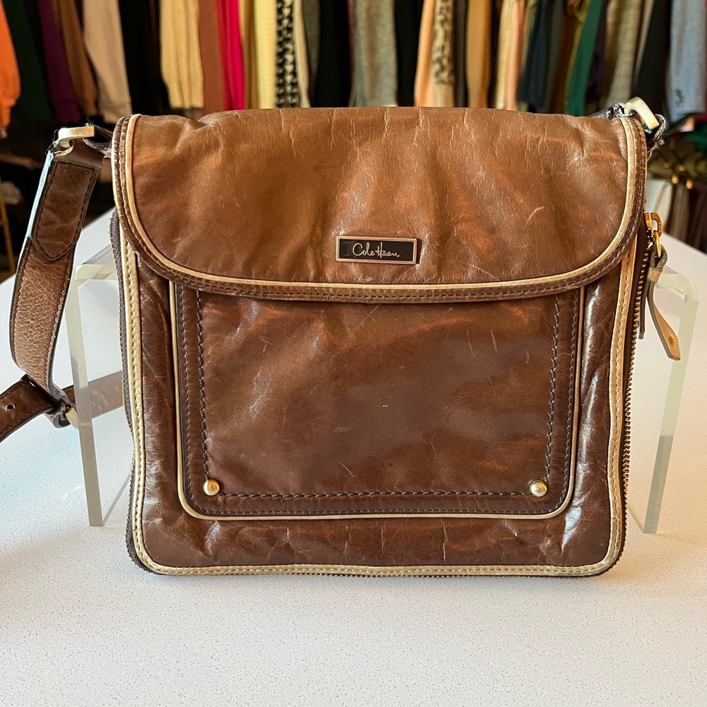 Vintage Cole Haan Brown Distressed Cowhide Leather Messenger Bag